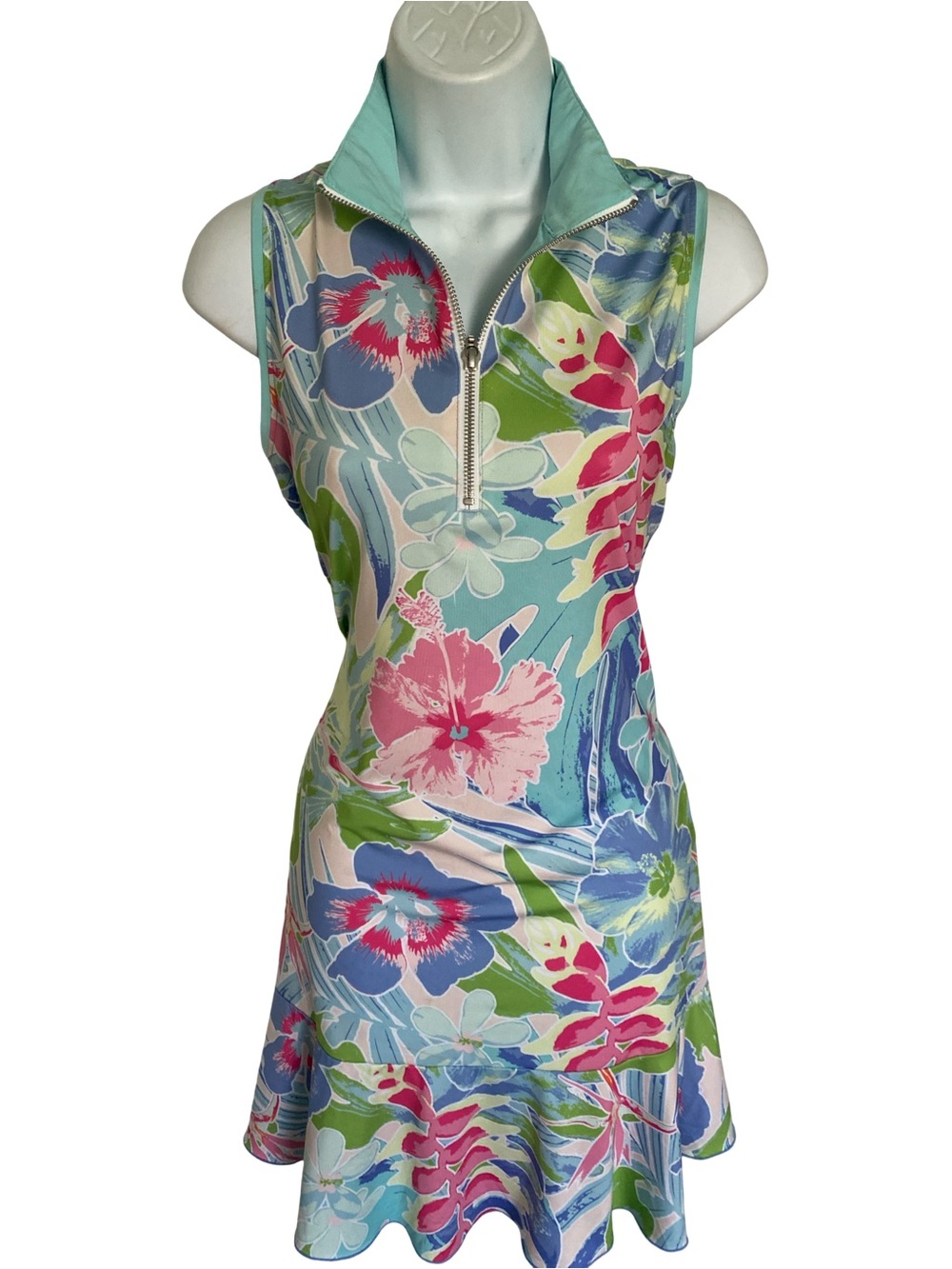 Sleeveless Floral Zip-Front Dress in Aqua & Pink
